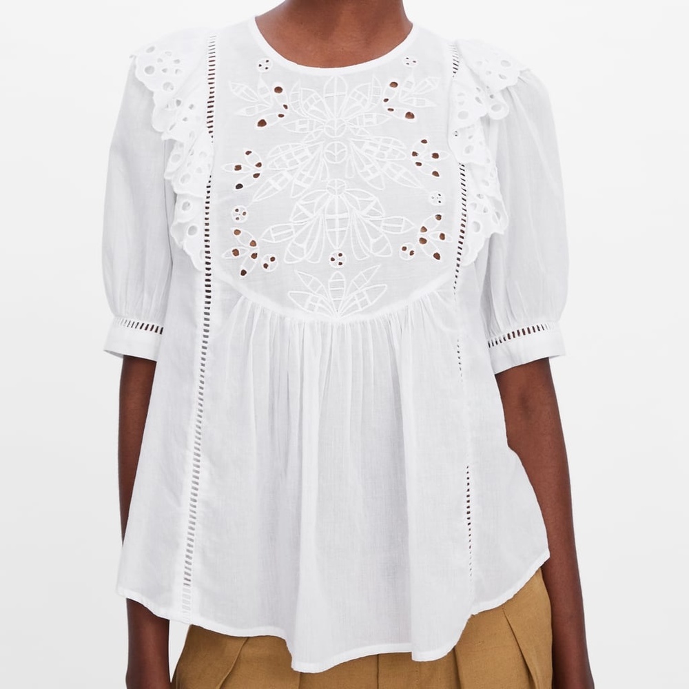 Zara Embroidered White Blouse Top Shirt Blogger S